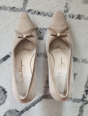 Salvatore Ferragamo Beige Suede Pointed-Toe Pumps with Bow
